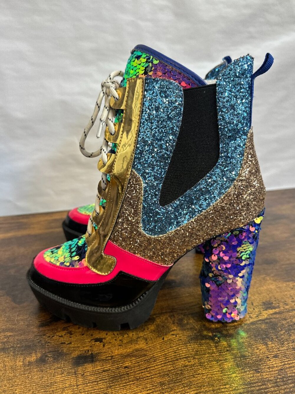Cape Robbin Nell Glitter Chunky High Heel Platform Lace Up Boot Mermaid Womens 9 - Picture 1 of 16